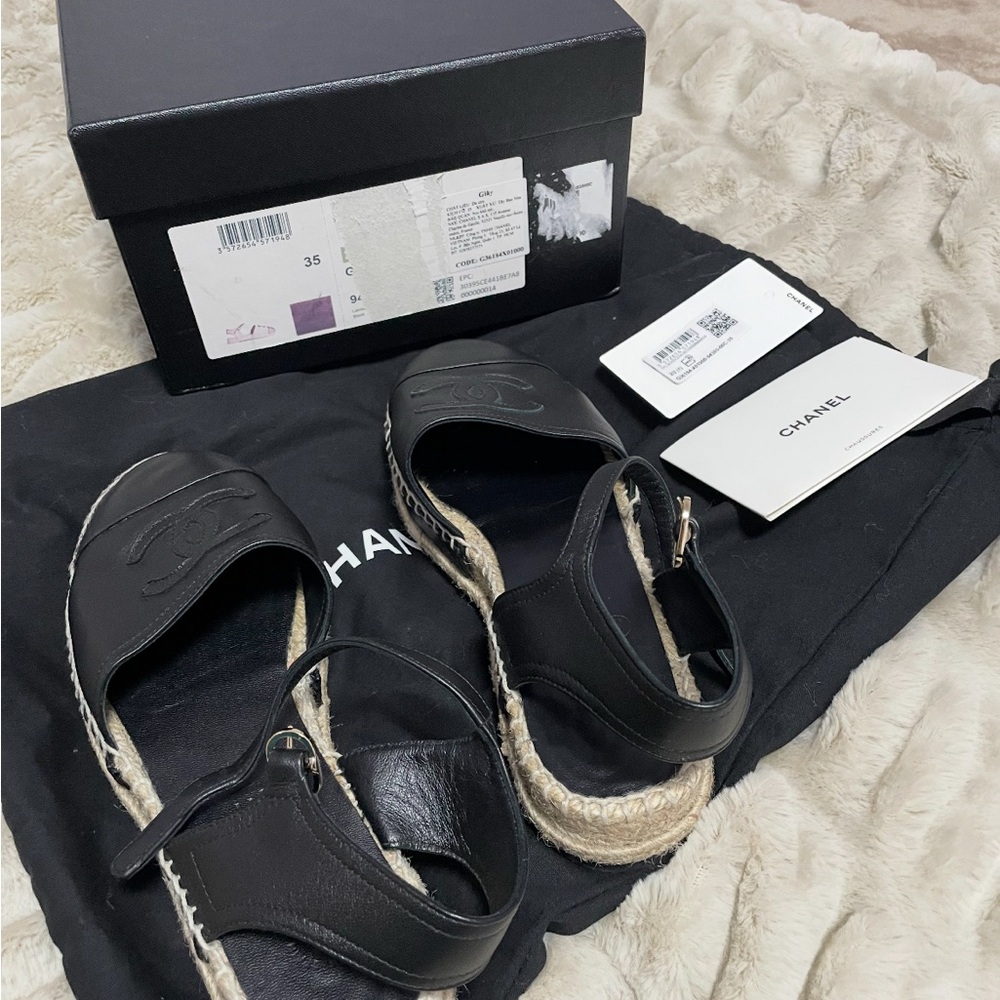 CHANEL Black Leather Espadrilles - Picture 1 of 5